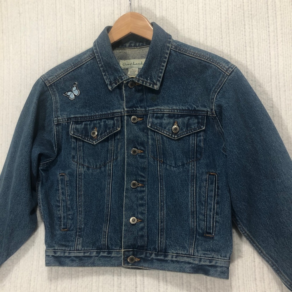 Great‎ Land Denim Jean Jacket Blue Butterfly Patch Cropped Womens